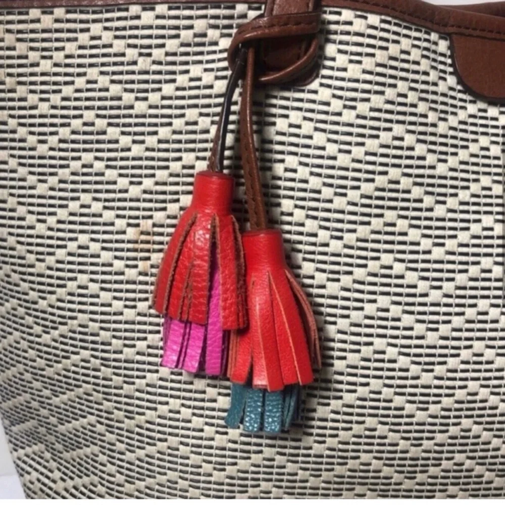 Fossil Brown and Cream Tassel Tote Bag.
